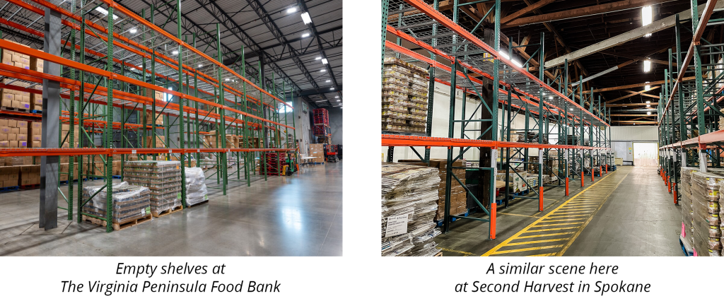 Side by side comparison of shelves at Virginia Peninsula Food Bank and Second Harvest